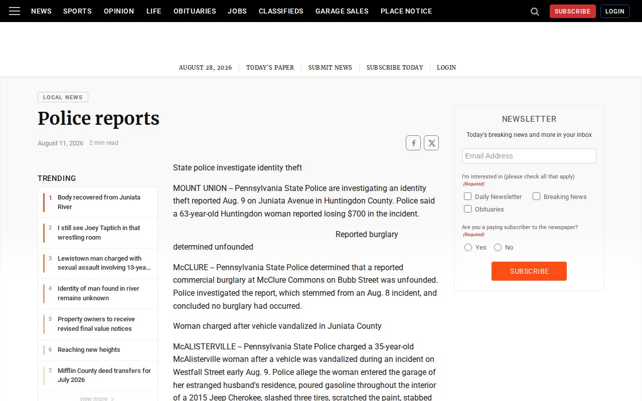 Huntingdon County crime-news police-report source page